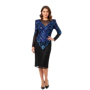 Vintage AJ Bari ArtDeco Silk and Beaded Dress Size 2 Embellished Blue Black Glam